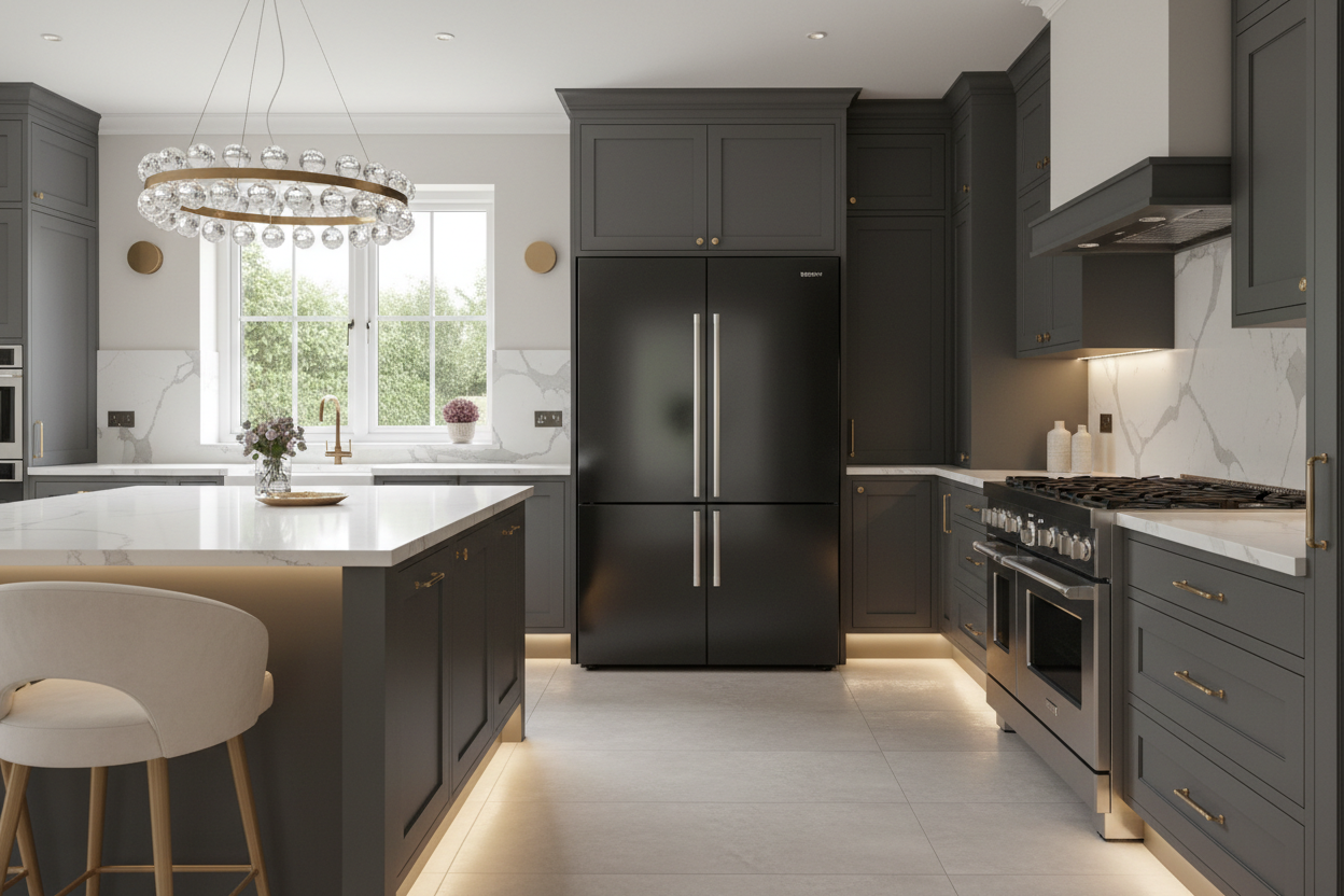 generat an iage of a hgh end elegant kitchne room with high end appalicend 4 door blackamtet refrigerator and elegant range and double oven 