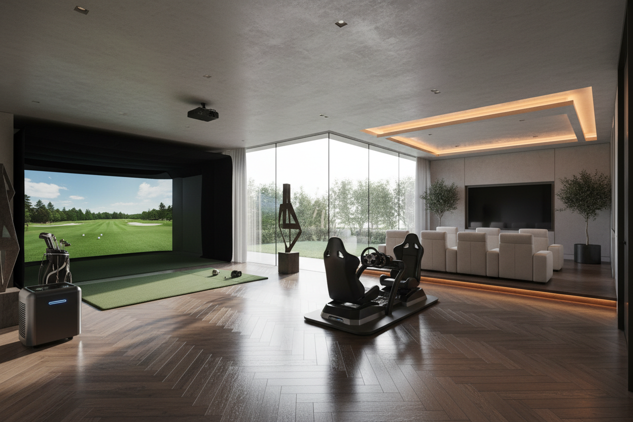 Generate a high-end architectural home room with large windows, dark wood flooring parquet, where there is:
- a golf simulator on one side
- a home theatre set up on the other side
- a small solar generator
- a car racing simulator

