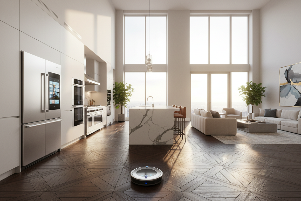 Generate a high-end architectural kitchen-living room with high ceilings, big windows, and a modern kitchen with:
- a smart four-door refrigerator
- a high-end modern range
- a two-oven set
- a robot vacuum cleaner in the living room
Dark wood parquet, sunny light
